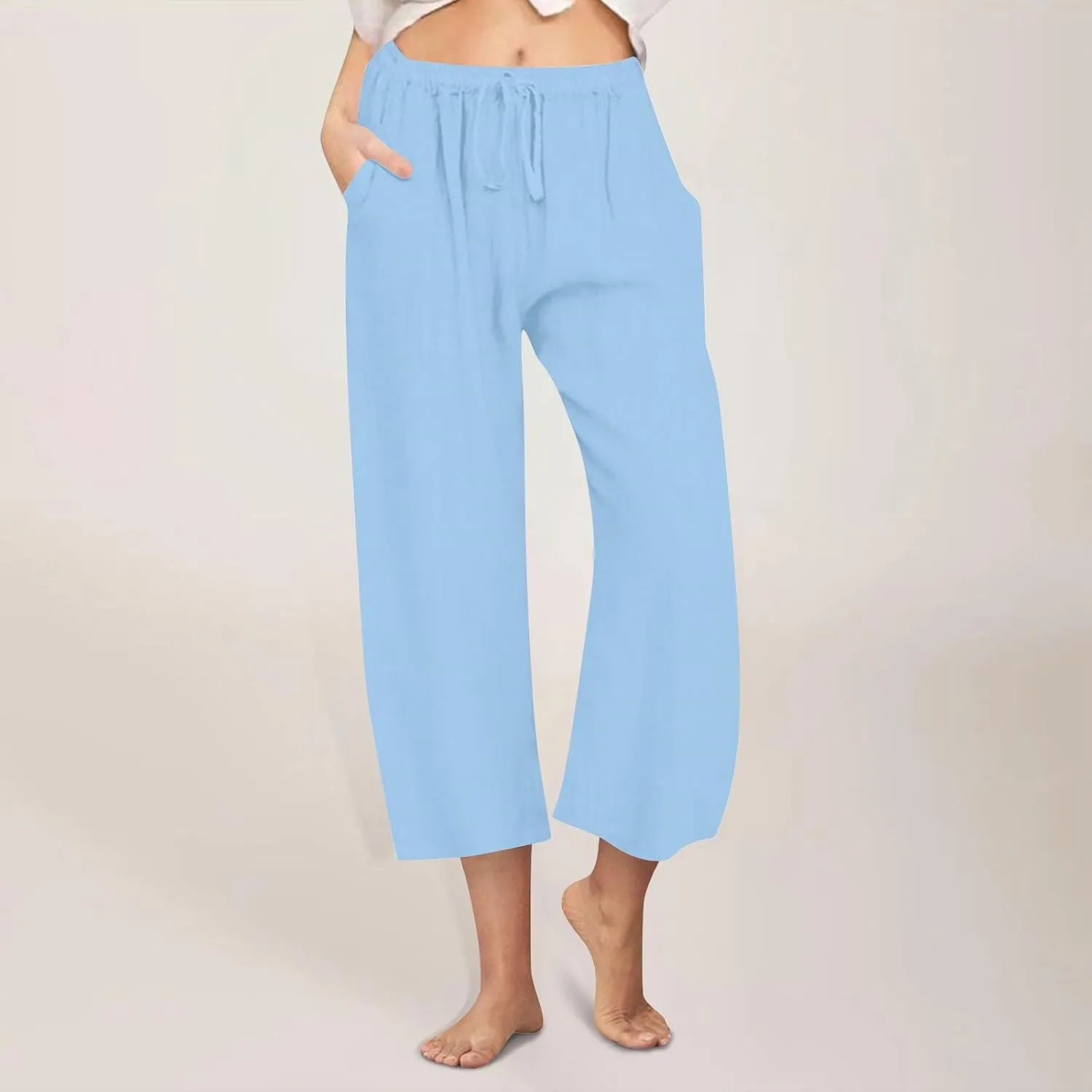 Cropped Cotton Linen Trousers Women Plain Straight Leg Capri Pants Summer Baggy Pant Casual Bottoms with Pockets S-3XL