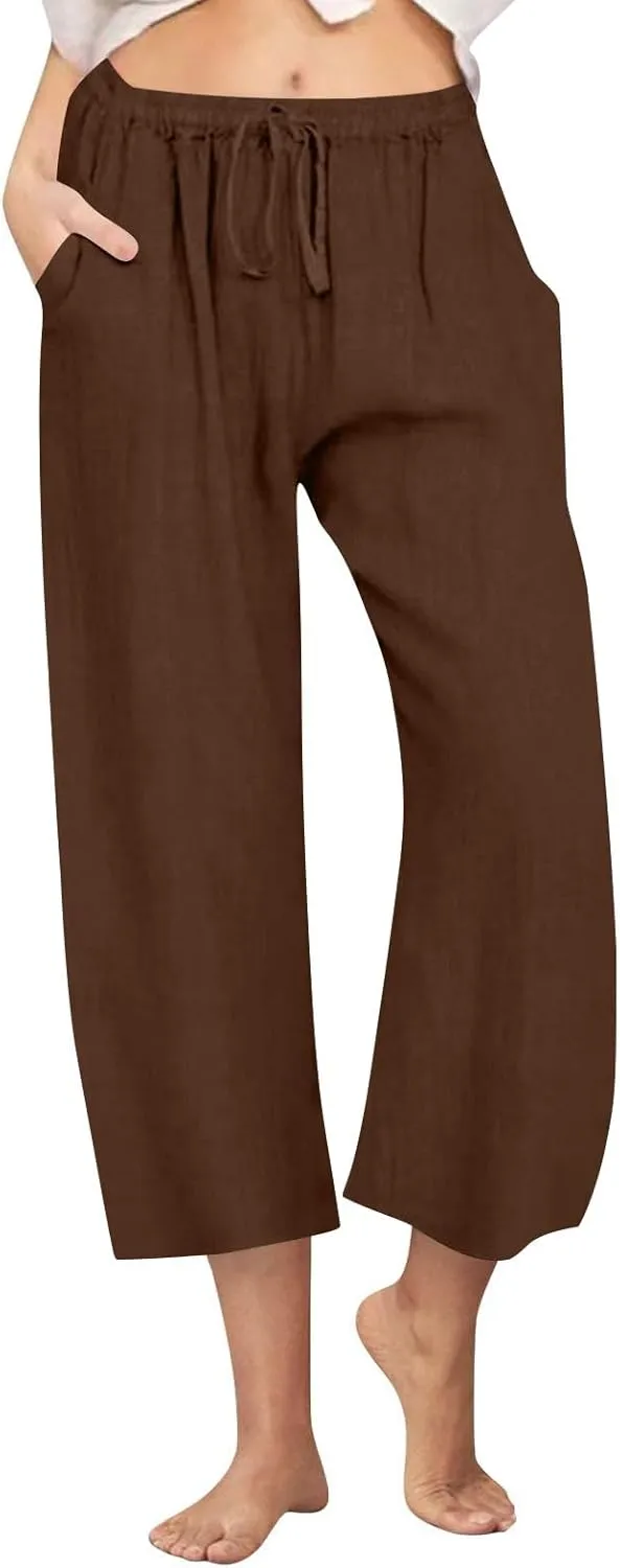 Cropped Cotton Linen Trousers Women Plain Straight Leg Capri Pants Summer Baggy Pant Casual Bottoms with Pockets S-3XL