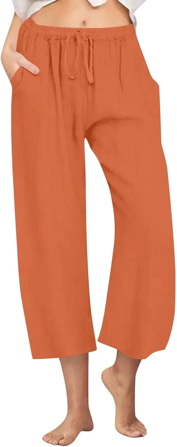 Cropped Cotton Linen Trousers Women Plain Straight Leg Capri Pants Summer Baggy Pant Casual Bottoms with Pockets S-3XL