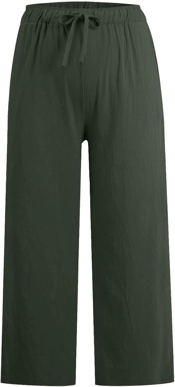 Cropped Cotton Linen Trousers Women Plain Straight Leg Capri Pants Summer Baggy Pant Casual Bottoms with Pockets S-3XL