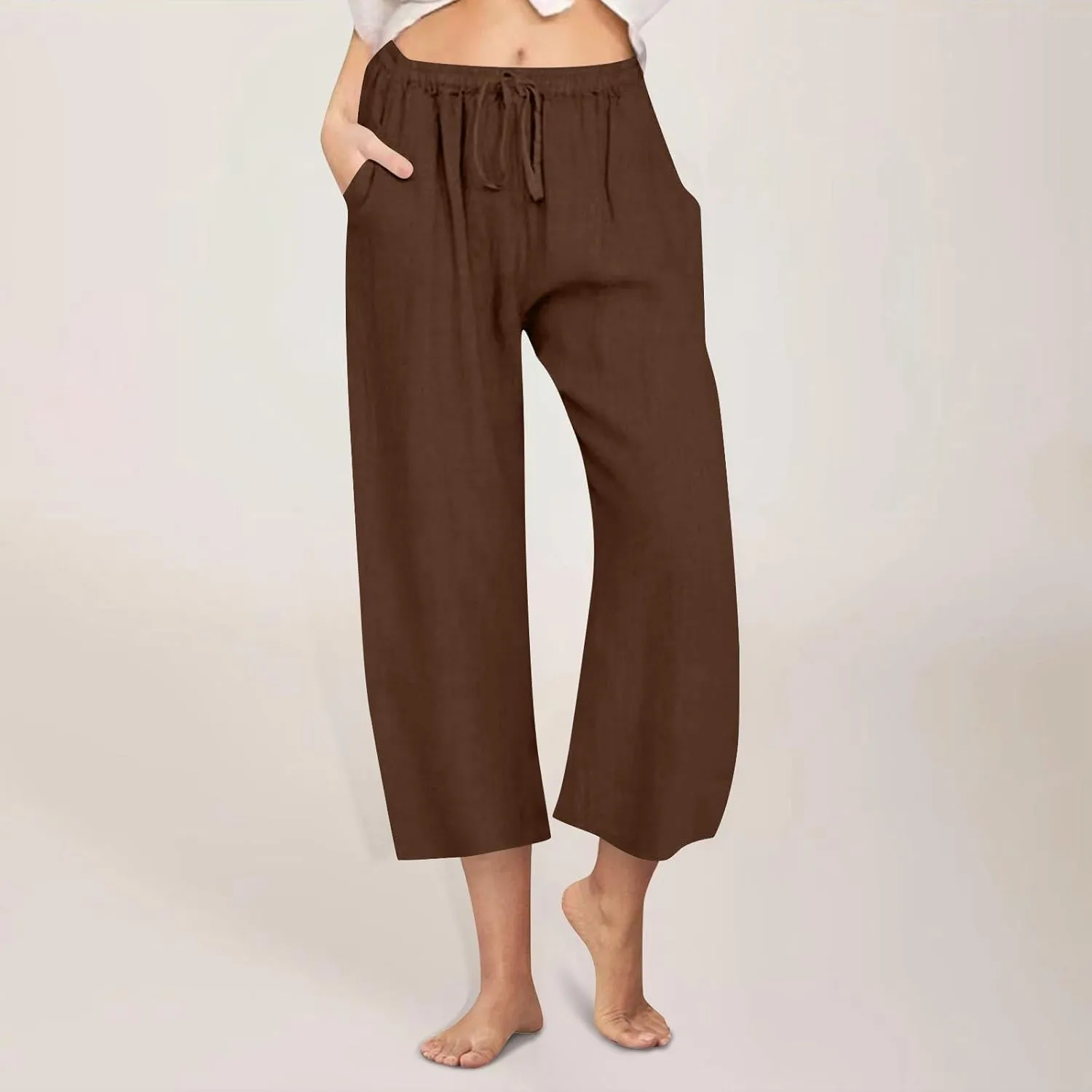 Cropped Cotton Linen Trousers Women Plain Straight Leg Capri Pants Summer Baggy Pant Casual Bottoms with Pockets S-3XL