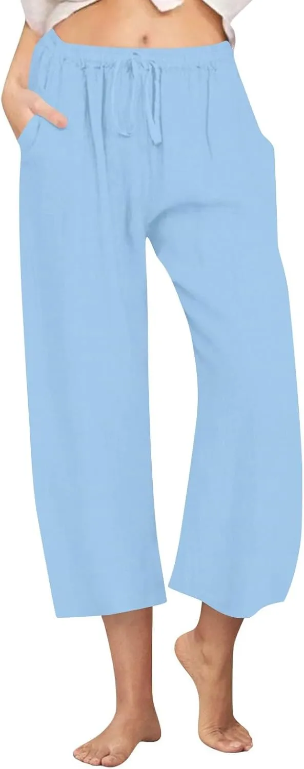 Cropped Cotton Linen Trousers Women Plain Straight Leg Capri Pants Summer Baggy Pant Casual Bottoms with Pockets S-3XL
