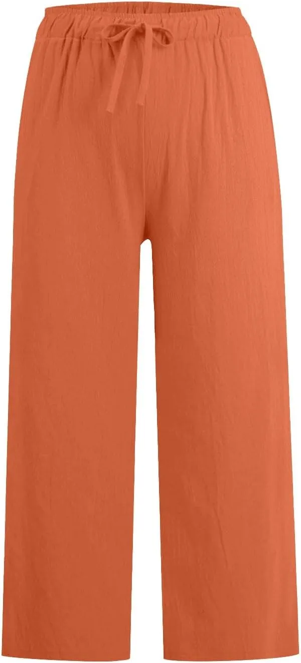 Cropped Cotton Linen Trousers Women Plain Straight Leg Capri Pants Summer Baggy Pant Casual Bottoms with Pockets S-3XL