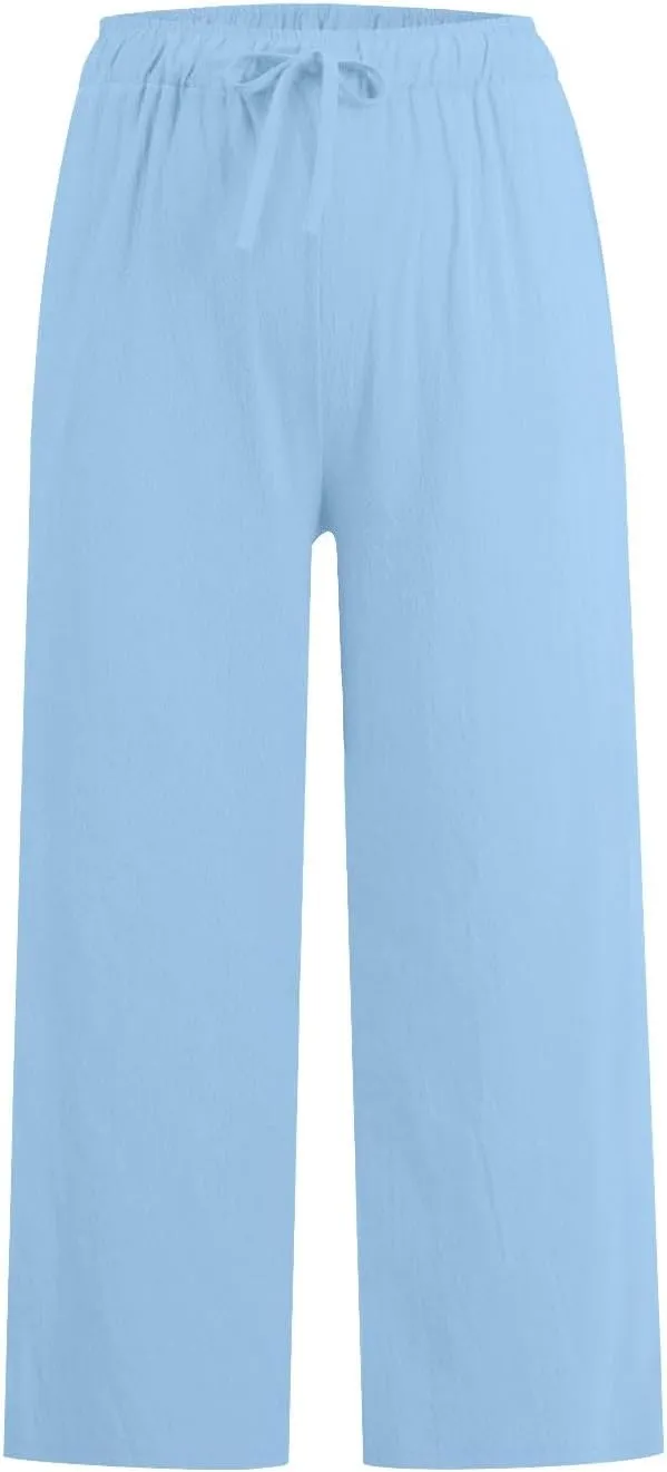Cropped Cotton Linen Trousers Women Plain Straight Leg Capri Pants Summer Baggy Pant Casual Bottoms with Pockets S-3XL