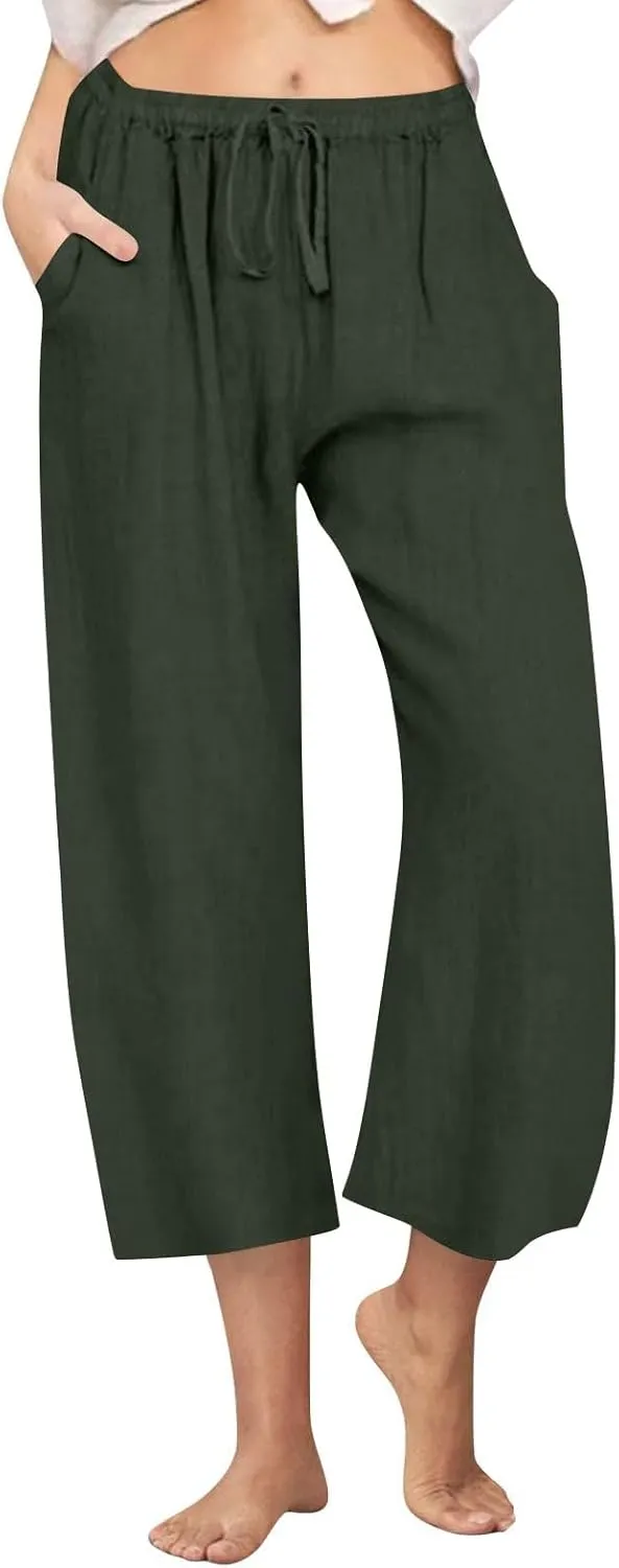 Cropped Cotton Linen Trousers Women Plain Straight Leg Capri Pants Summer Baggy Pant Casual Bottoms with Pockets S-3XL