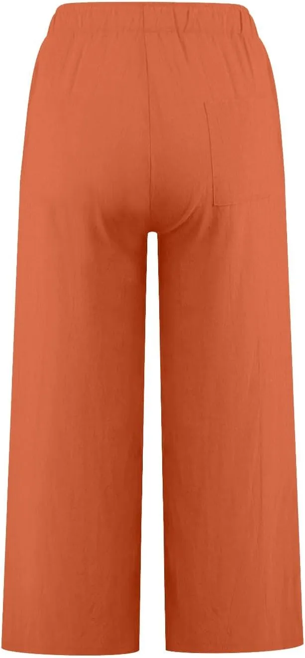 Cropped Cotton Linen Trousers Women Plain Straight Leg Capri Pants Summer Baggy Pant Casual Bottoms with Pockets S-3XL