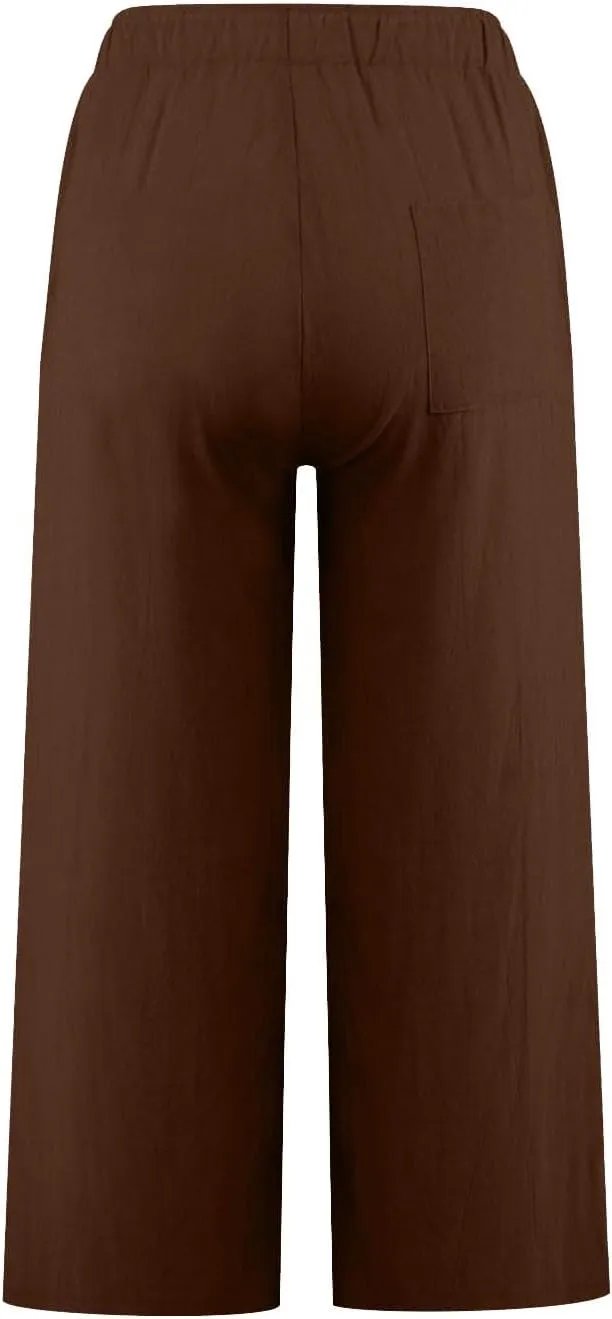 Cropped Cotton Linen Trousers Women Plain Straight Leg Capri Pants Summer Baggy Pant Casual Bottoms with Pockets S-3XL