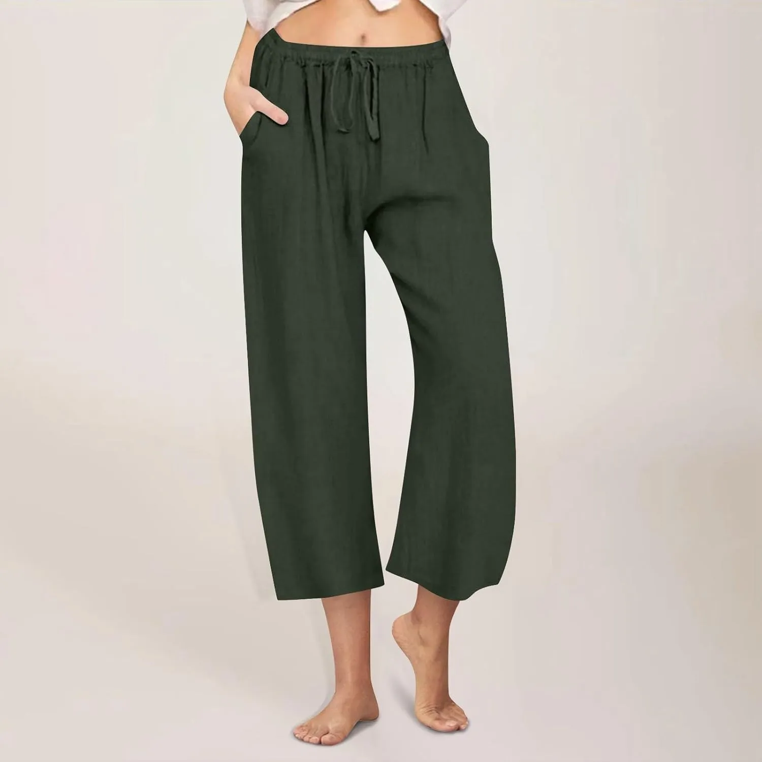 Cropped Cotton Linen Trousers Women Plain Straight Leg Capri Pants Summer Baggy Pant Casual Bottoms with Pockets S-3XL