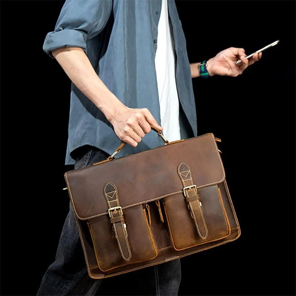 CSCDD Leather Vintage Man Handbag Briefcase Men Shoulder Bags Brown Business 15.6 Inch Laptop Bag