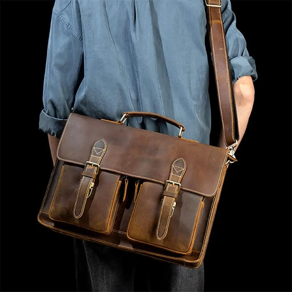 CSCDD Leather Vintage Man Handbag Briefcase Men Shoulder Bags Brown Business 15.6 Inch Laptop Bag
