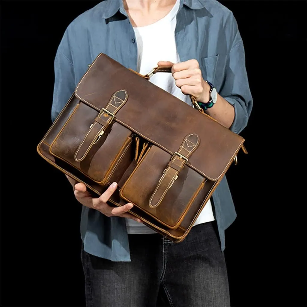 CSCDD Leather Vintage Man Handbag Briefcase Men Shoulder Bags Brown Business 15.6 Inch Laptop Bag