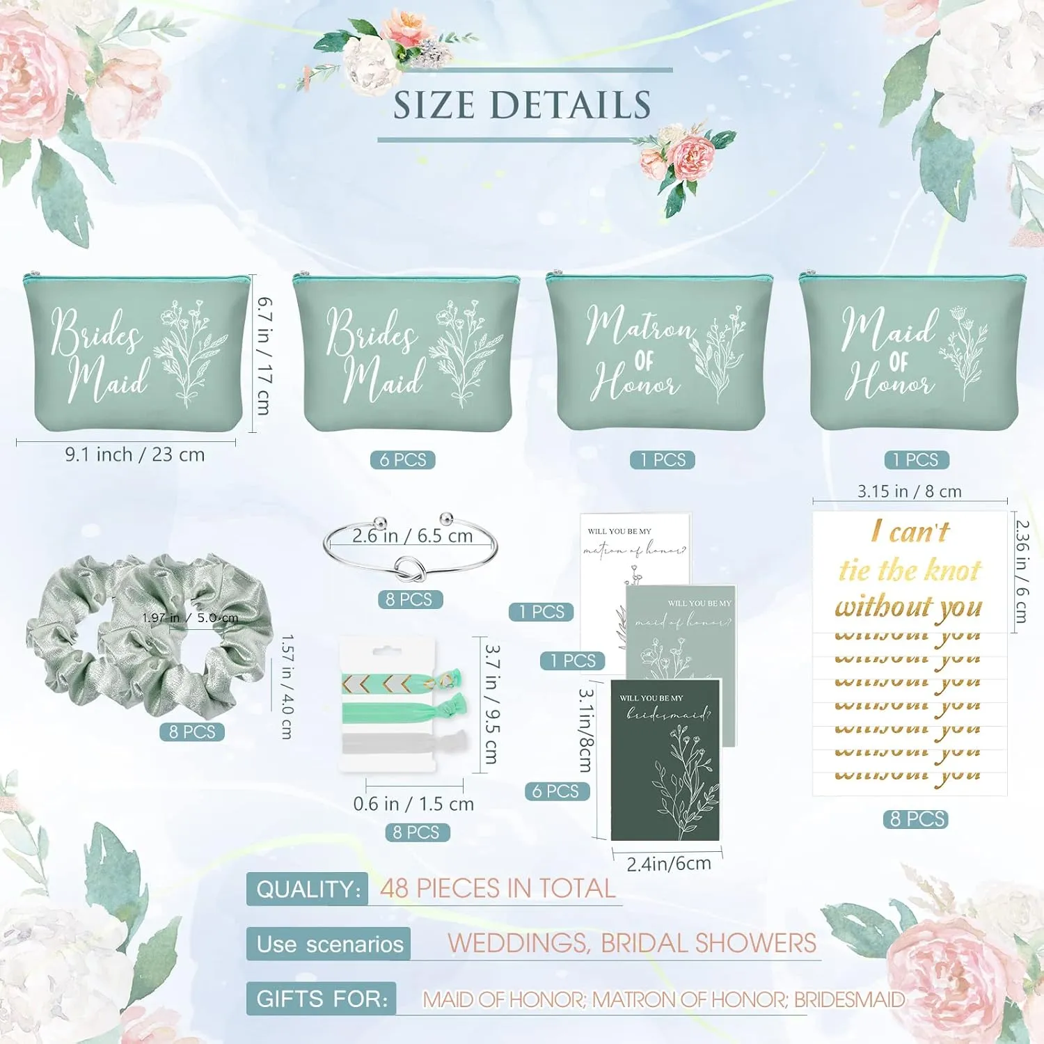 Cunno 48 Pcs Bridesmaid Proposal Gifts Wedding Maid of Honor Matron of Honor Gifts Bridal Shower Cosmetic Makeup Bags Scrunchies Hair Knotted Bracelets Invitation Card for Bridesmaids(Green)