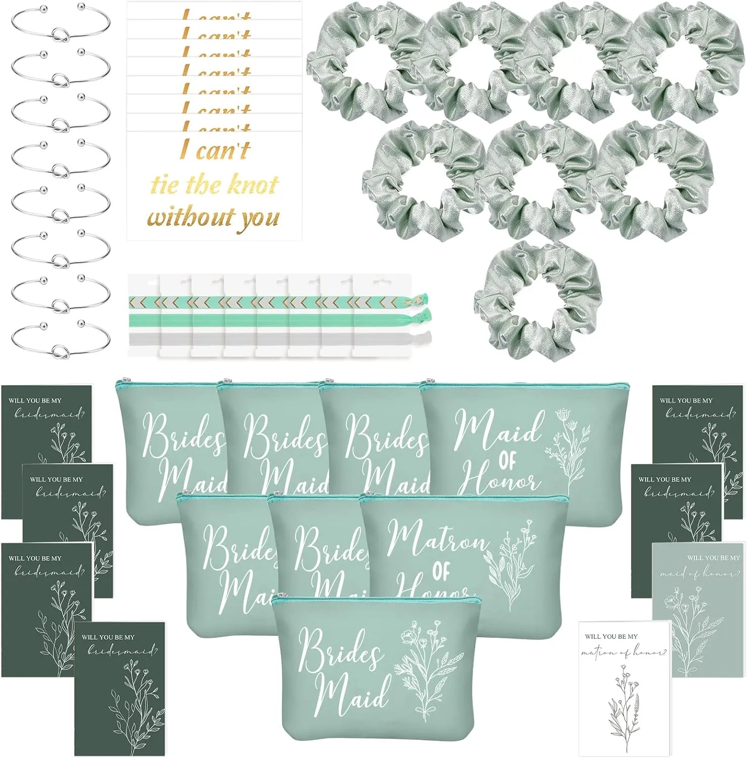 Cunno 48 Pcs Bridesmaid Proposal Gifts Wedding Maid of Honor Matron of Honor Gifts Bridal Shower Cosmetic Makeup Bags Scrunchies Hair Knotted Bracelets Invitation Card for Bridesmaids(Green)