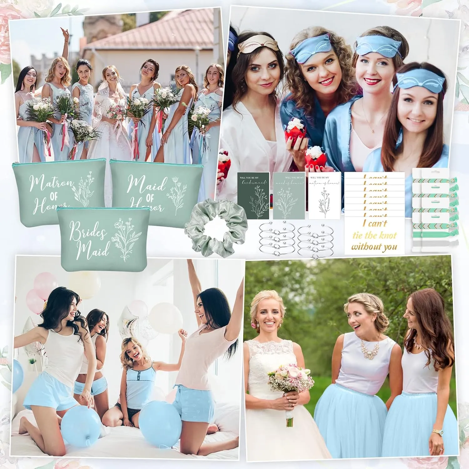 Cunno 48 Pcs Bridesmaid Proposal Gifts Wedding Maid of Honor Matron of Honor Gifts Bridal Shower Cosmetic Makeup Bags Scrunchies Hair Knotted Bracelets Invitation Card for Bridesmaids(Green)