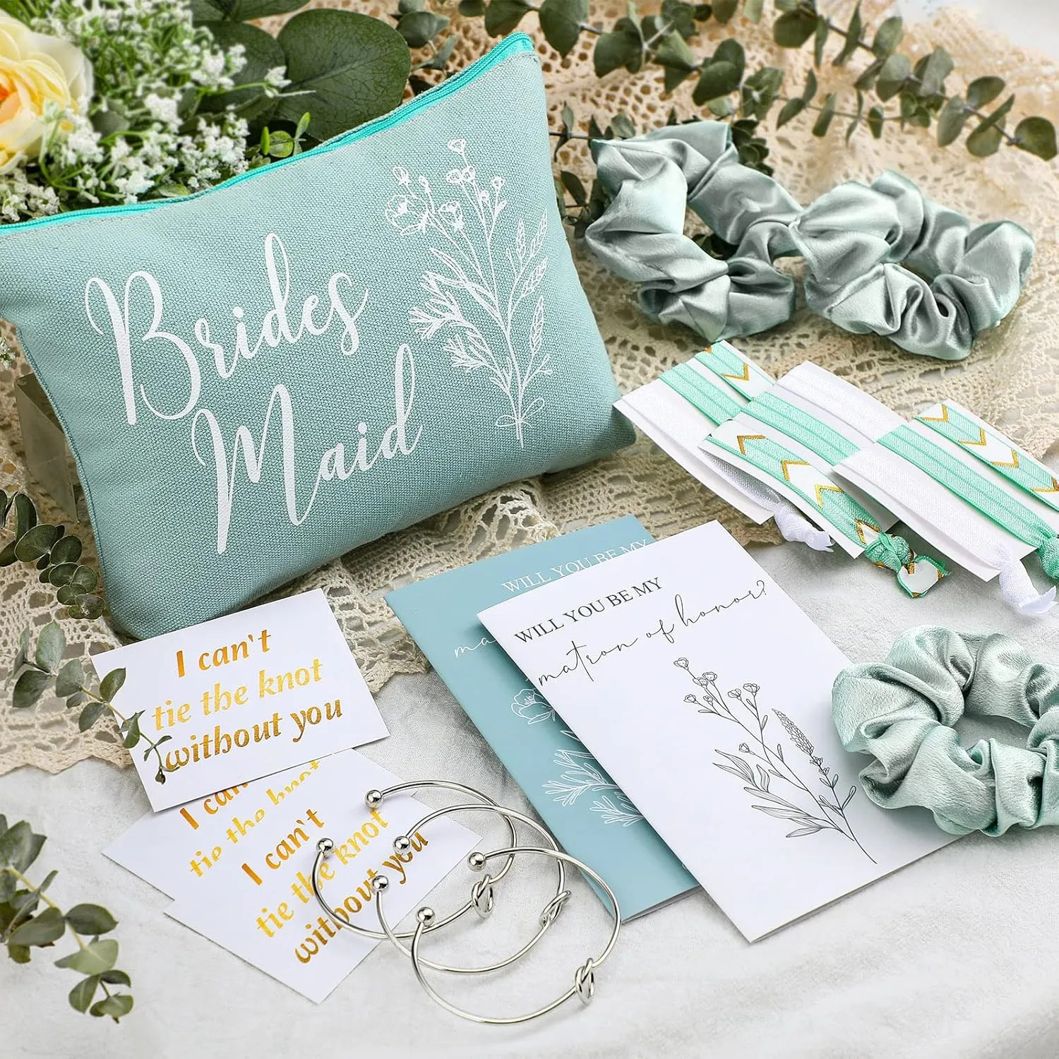 Cunno 48 Pcs Bridesmaid Proposal Gifts Wedding Maid of Honor Matron of Honor Gifts Bridal Shower Cosmetic Makeup Bags Scrunchies Hair Knotted Bracelets Invitation Card for Bridesmaids(Green)