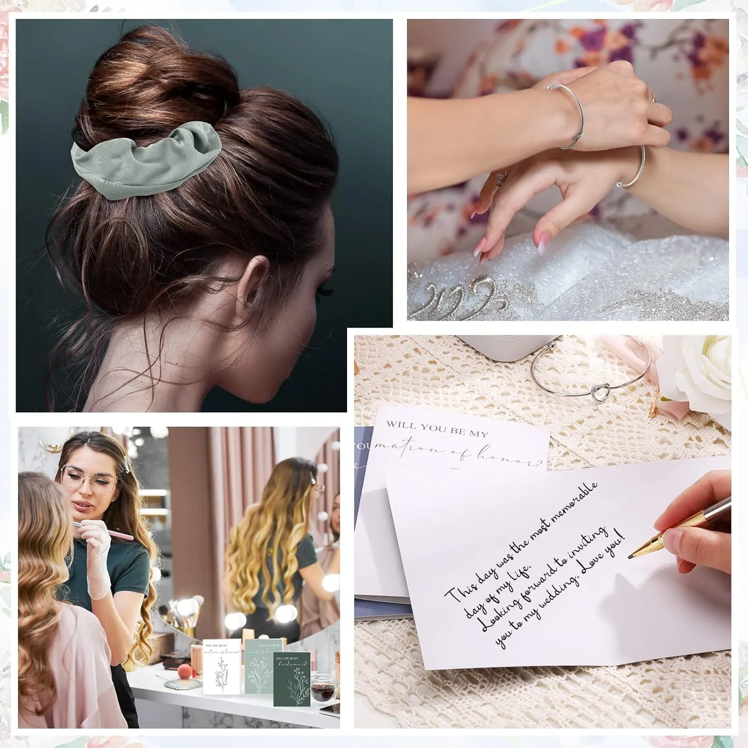Cunno 48 Pcs Bridesmaid Proposal Gifts Wedding Maid of Honor Matron of Honor Gifts Bridal Shower Cosmetic Makeup Bags Scrunchies Hair Knotted Bracelets Invitation Card for Bridesmaids(Green)