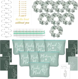 Cunno 48 Pcs Bridesmaid Proposal Gifts Wedding Maid of Honor Matron of Honor Gifts Bridal Shower Cosmetic Makeup Bags Scrunchies Hair Knotted Bracelets Invitation Card for Bridesmaids(Green)