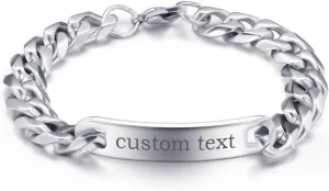 Custom ID bracelets for men, stainless steel Cuban chain bracelets, hip hop bracelets, personalized engraved identification bracelets, bar bracelets for men and women, 8.26, silver