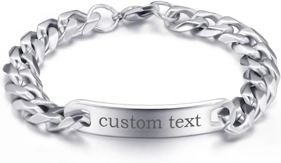 Custom ID bracelets for men, stainless steel Cuban chain bracelets, hip hop bracelets, personalized engraved identification bracelets, bar bracelets for men and women, 8.26, silver
