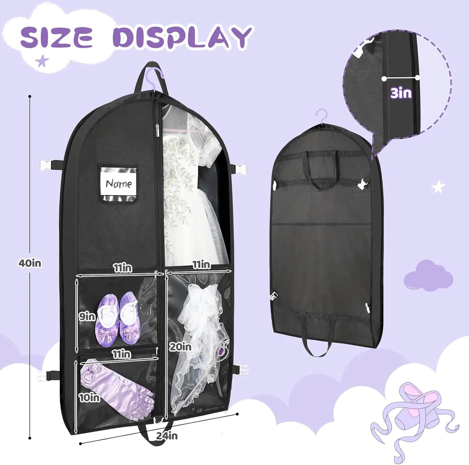 Dance costume bag, foldable and portable dance costume dancer costume bag, stronger zippered dance costume bag (Black)