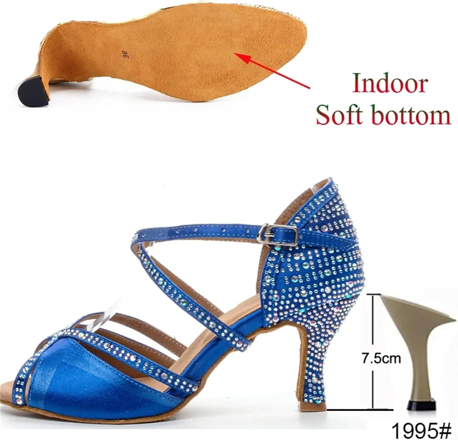 Dancing Shoes for Woman Latin Dance Shoes Women Salsa Tango Ballroom Party Women Shoes Rhinestone Heeled Sandals(Indoor Blue 7.5cm,40)