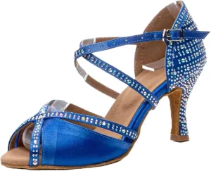 Dancing Shoes for Woman Latin Dance Shoes Women Salsa Tango Ballroom Party Women Shoes Rhinestone Heeled Sandals(Indoor Blue 7.5cm,40)
