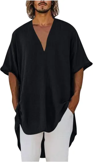 Deep V Cotton Linen Shirts for Men 2025 Summer Tops Loose Short Sleeve T Shirt Casual Oversized Beach Tee Shirts