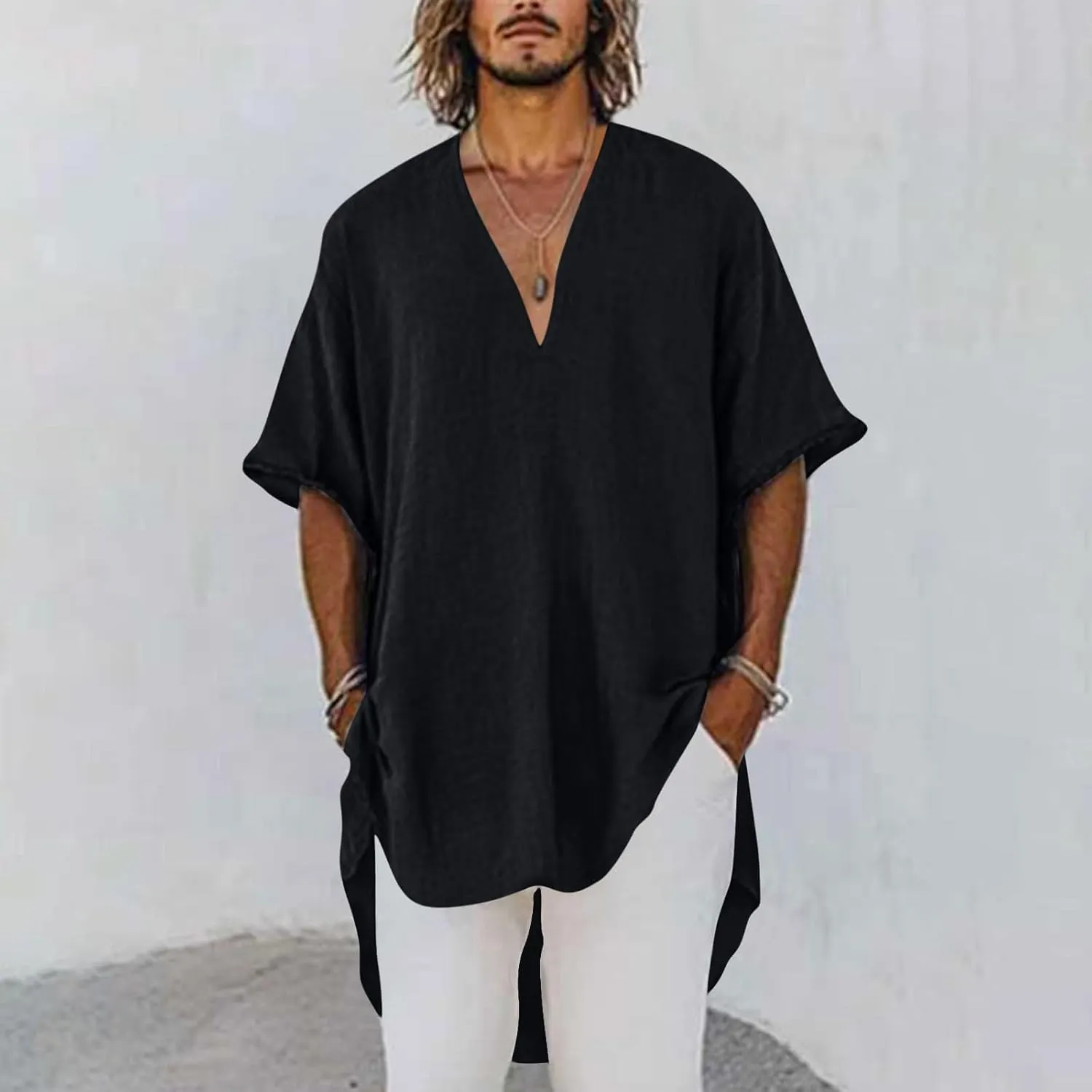Deep V Cotton Linen Shirts for Men 2025 Summer Tops Loose Short Sleeve T Shirt Casual Oversized Beach Tee Shirts