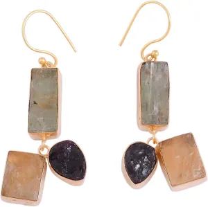 Designer 18k Gold Plated Green Kyanite, Citrine And Garnet Gemstone Dangle Earrings For Birthday Gift