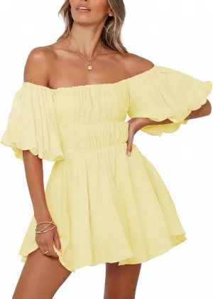 Dokotoo Womens Off The Shoulder Summer Dresses 2025 Short Lantern Sleeve Ruffle Elastic Waist A-Line Casual Mini Dress