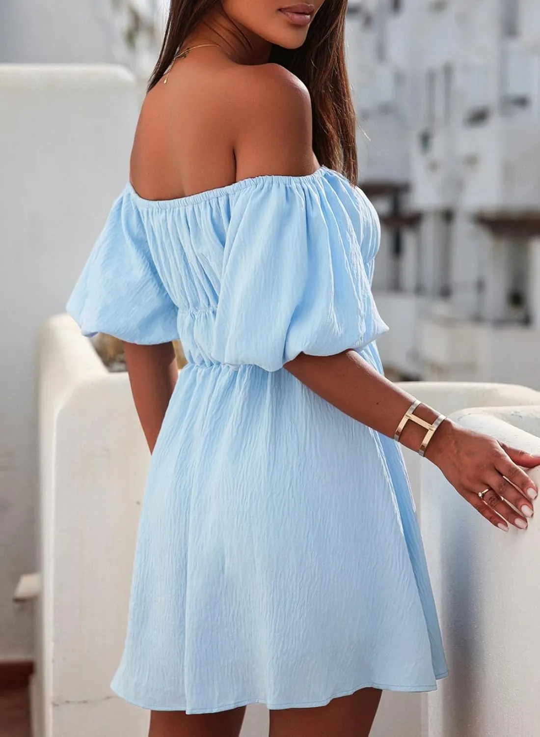 Dokotoo Womens Off The Shoulder Summer Dresses 2025 Short Lantern Sleeve Ruffle Elastic Waist A-Line Casual Mini Dress