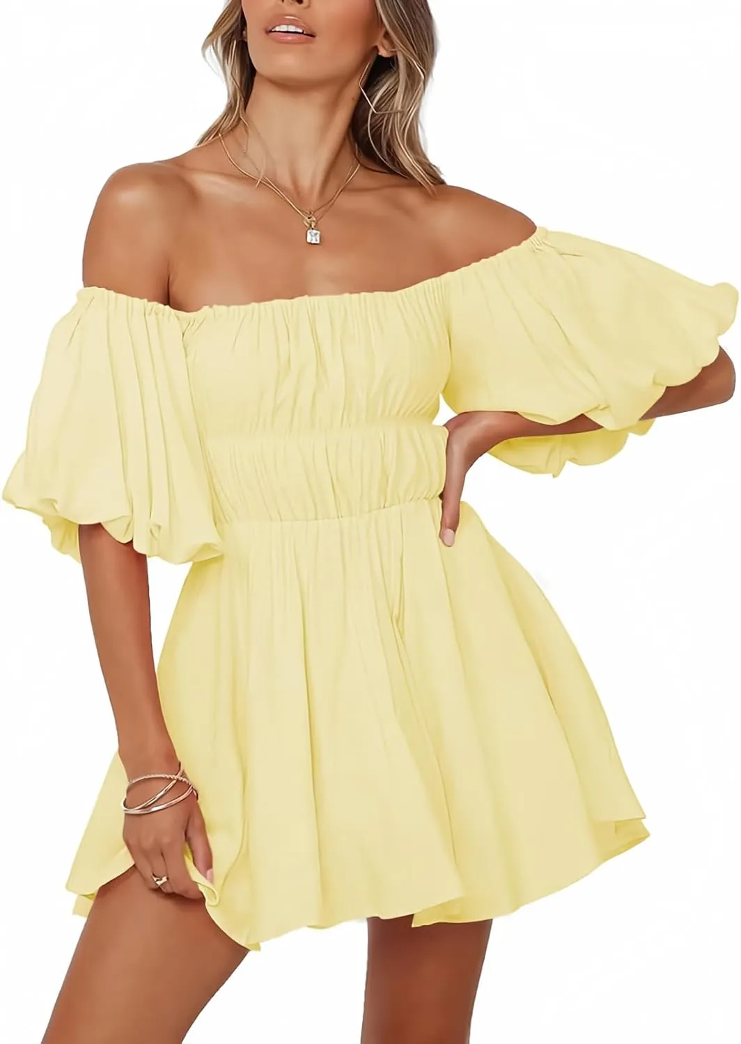Dokotoo Womens Off The Shoulder Summer Dresses 2025 Short Lantern Sleeve Ruffle Elastic Waist A-Line Casual Mini Dress