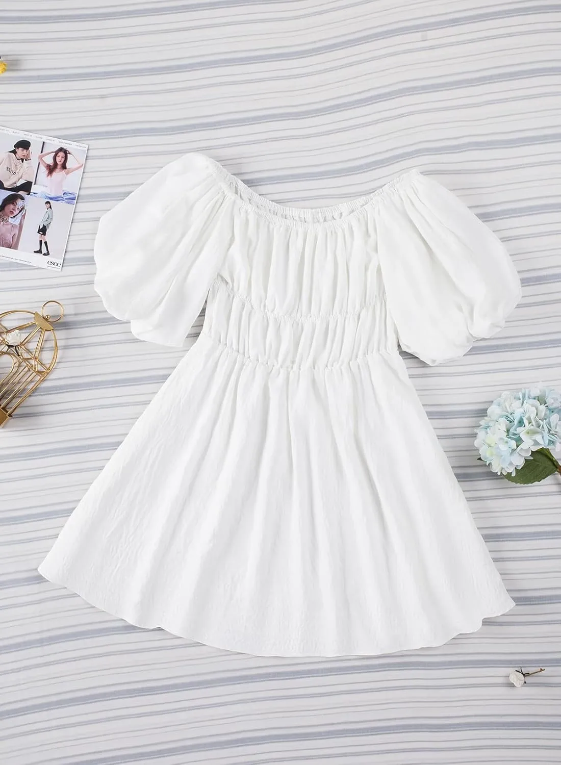 Dokotoo Womens Off The Shoulder Summer Dresses 2025 Short Lantern Sleeve Ruffle Elastic Waist A-Line Casual Mini Dress