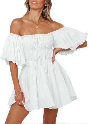 Dokotoo Womens Off The Shoulder Summer Dresses 2025 Short Lantern Sleeve Ruffle Elastic Waist A-Line Casual Mini Dress