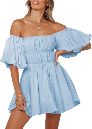 Dokotoo Womens Off The Shoulder Summer Dresses 2025 Short Lantern Sleeve Ruffle Elastic Waist A-Line Casual Mini Dress