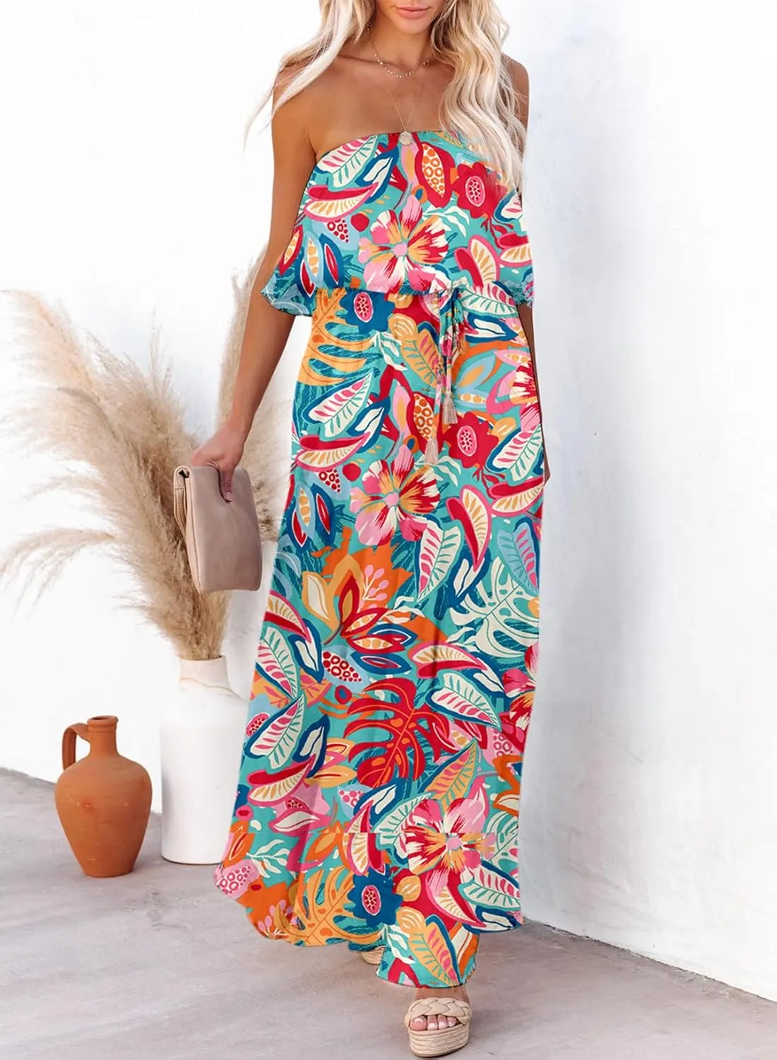Dokotoo Womens Strapless Dresses Casual Summer High Waist Side Split Flowy Boho Maxi Dress