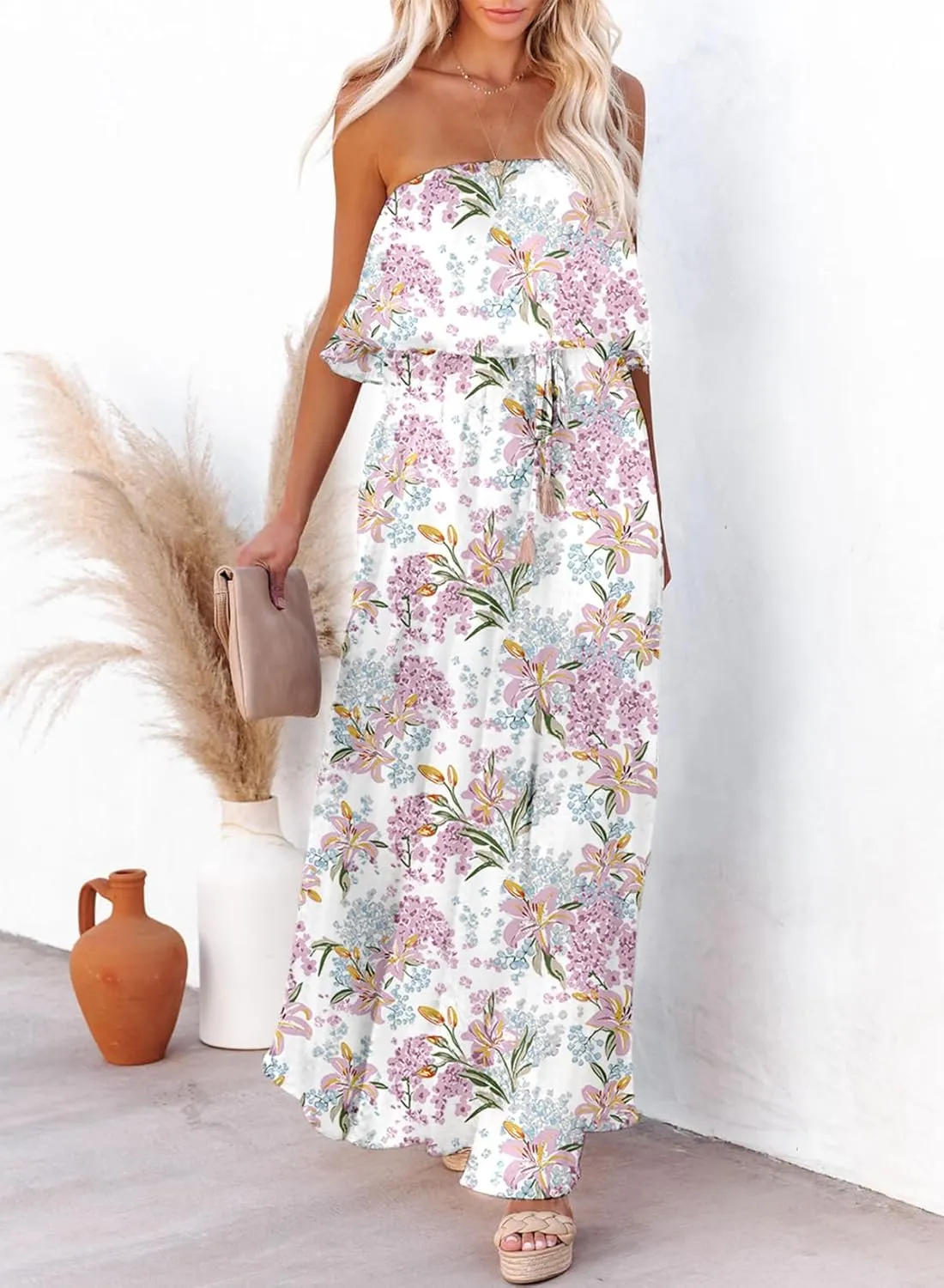 Dokotoo Womens Strapless Dresses Casual Summer High Waist Side Split Flowy Boho Maxi Dress