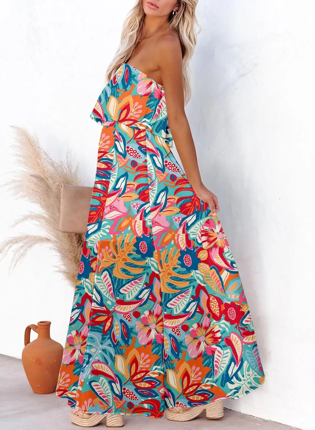 Dokotoo Womens Strapless Dresses Casual Summer High Waist Side Split Flowy Boho Maxi Dress