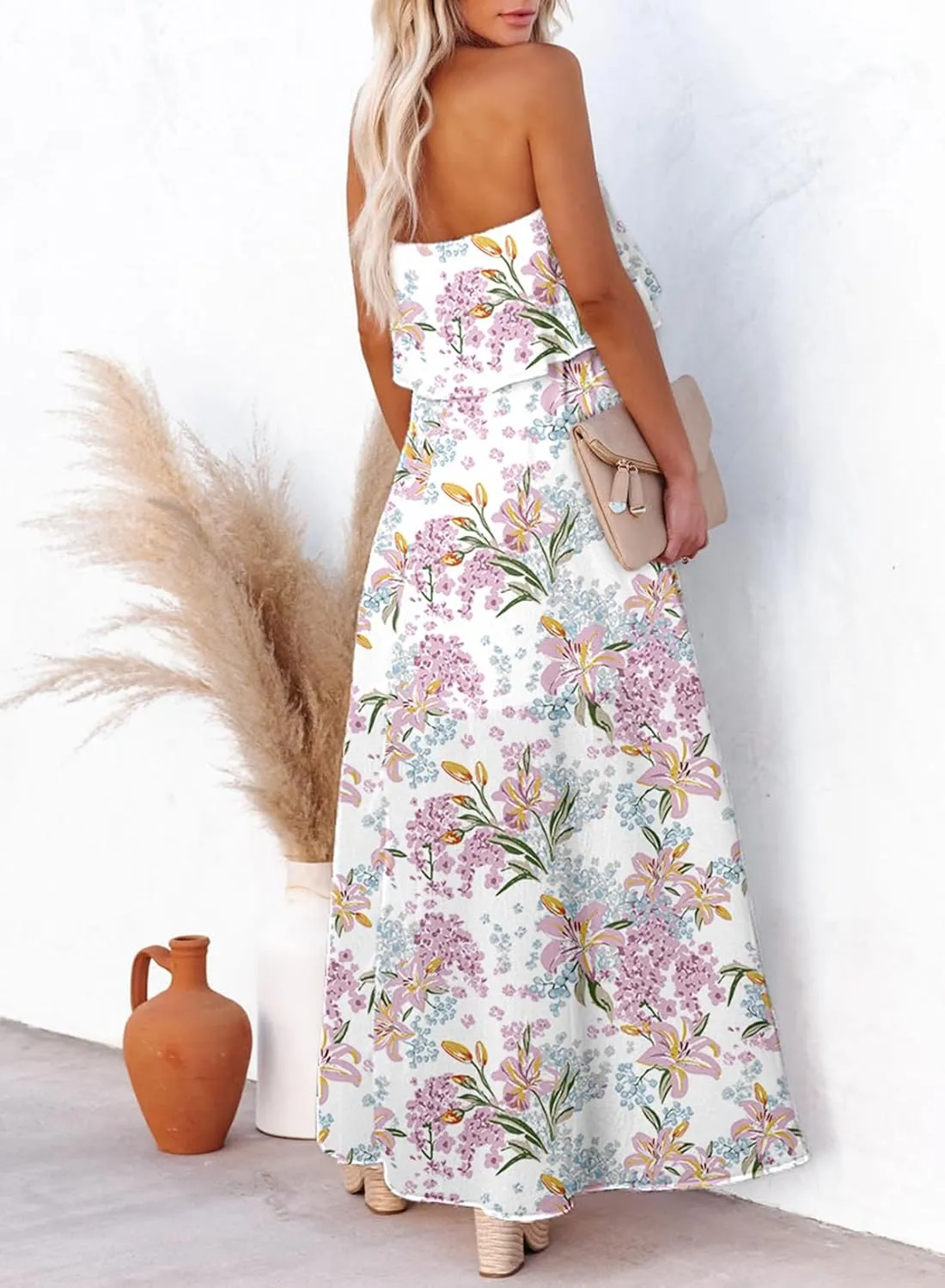 Dokotoo Womens Strapless Dresses Casual Summer High Waist Side Split Flowy Boho Maxi Dress