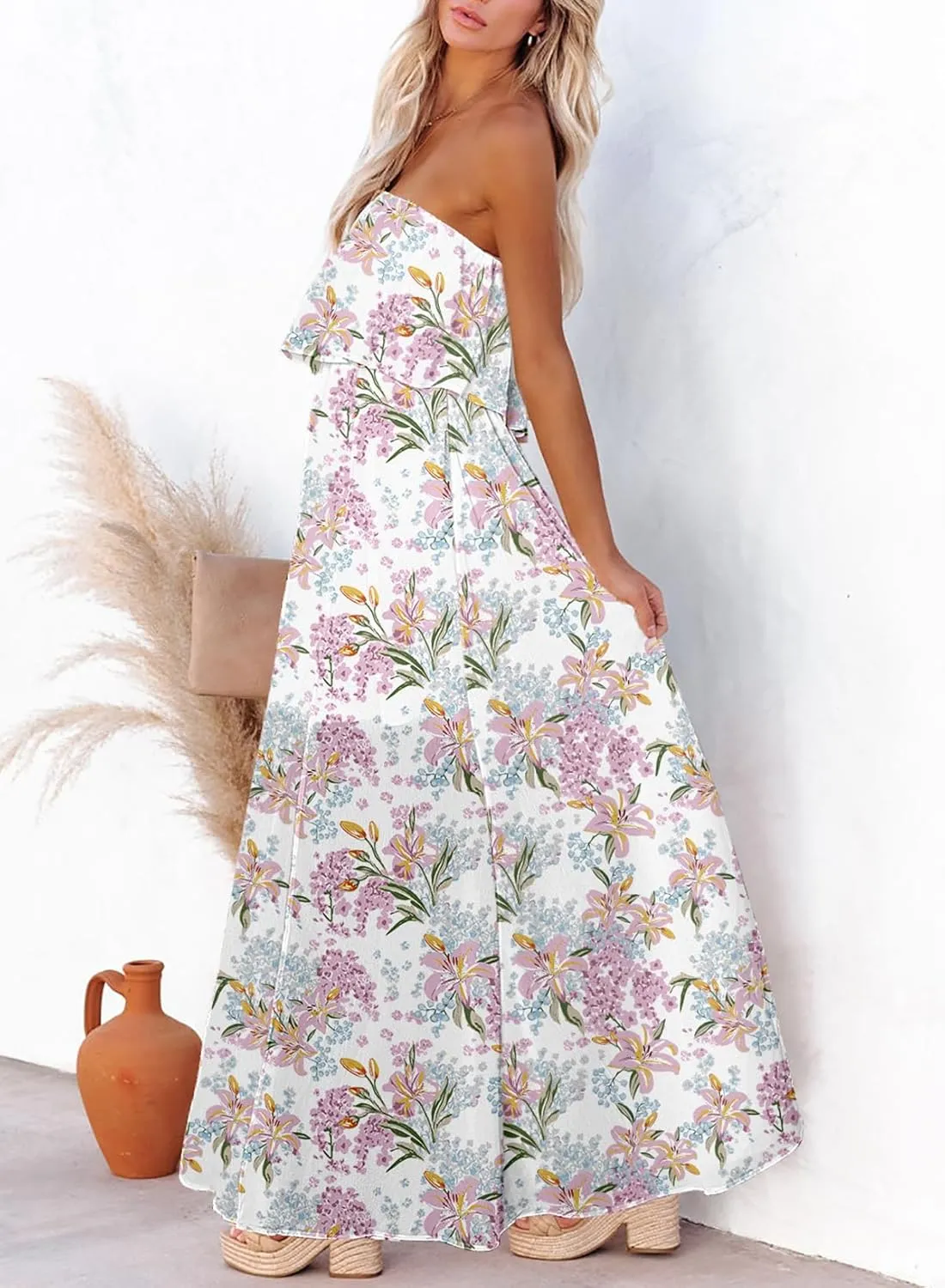 Dokotoo Womens Strapless Dresses Casual Summer High Waist Side Split Flowy Boho Maxi Dress