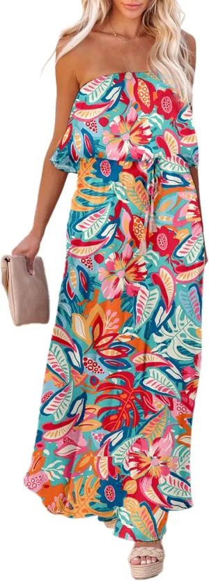 Dokotoo Womens Strapless Dresses Casual Summer High Waist Side Split Flowy Boho Maxi Dress