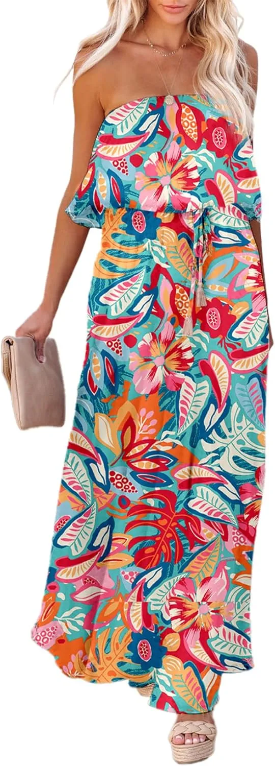 Dokotoo Womens Strapless Dresses Casual Summer High Waist Side Split Flowy Boho Maxi Dress