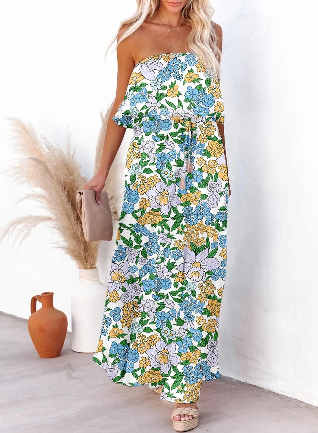 Dokotoo Womens Strapless Dresses Casual Summer High Waist Side Split Flowy Boho Maxi Dress