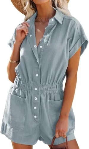 Dokotoo Women's Summer Trooper Utility Cargo Rompers Short Sleeve Button Down Pockets Jumpsuits