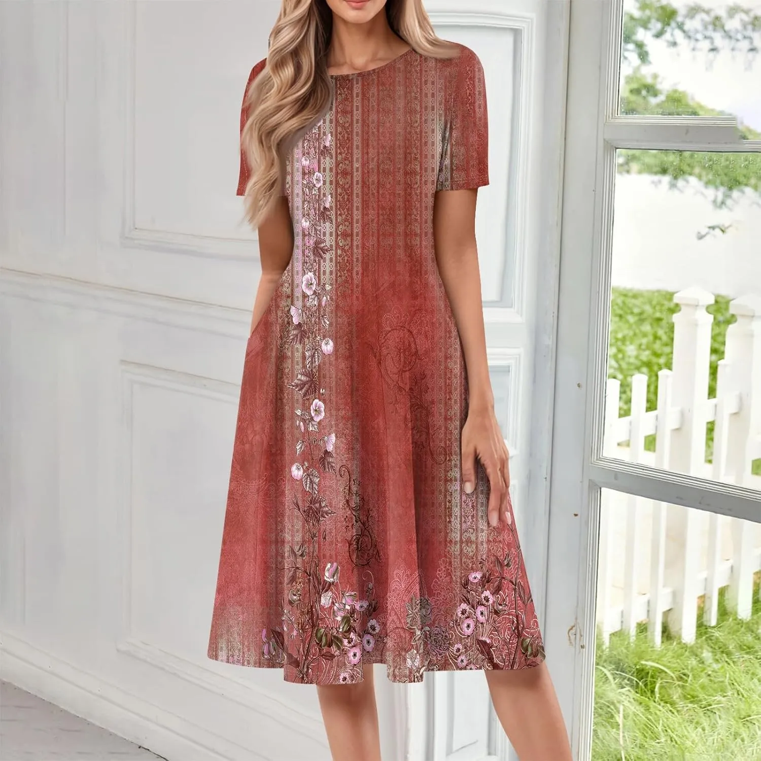 Dresses for Women 2025 Midi Dresses for Women Summer Short Sleeve A Line Loose Floor Length