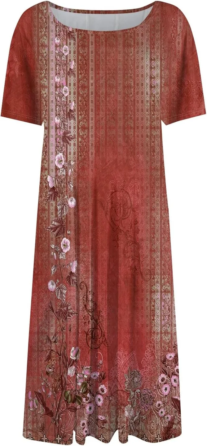 Dresses for Women 2025 Midi Dresses for Women Summer Short Sleeve A Line Loose Floor Length