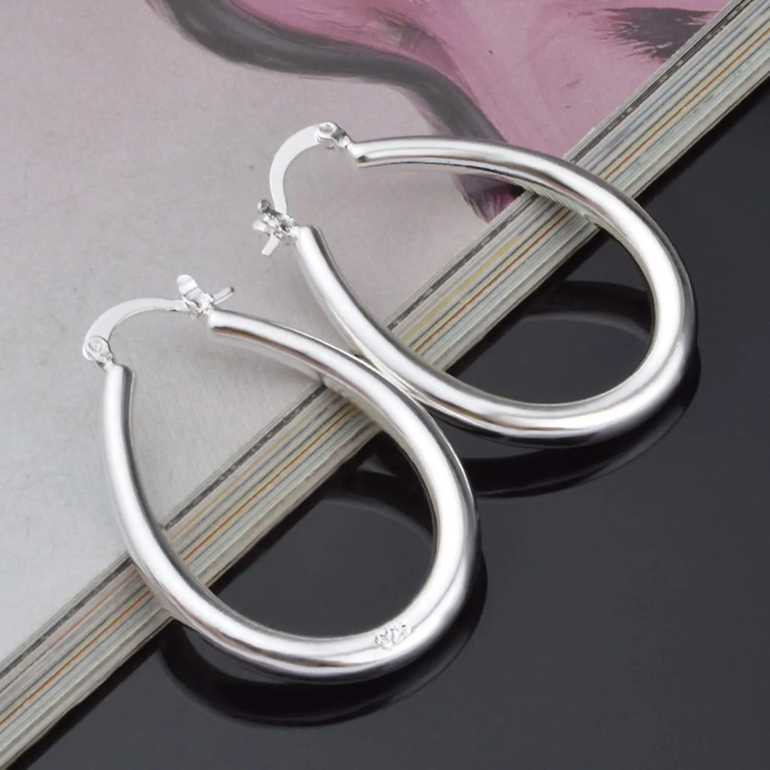Earring Hoop Stud Drop & Dangle, Silver Plated Big Hollow Oval Hoop Earring Fashion Women Party Banquet Jewelry for Women Teen Girls Birthday Christmas Friends Gift