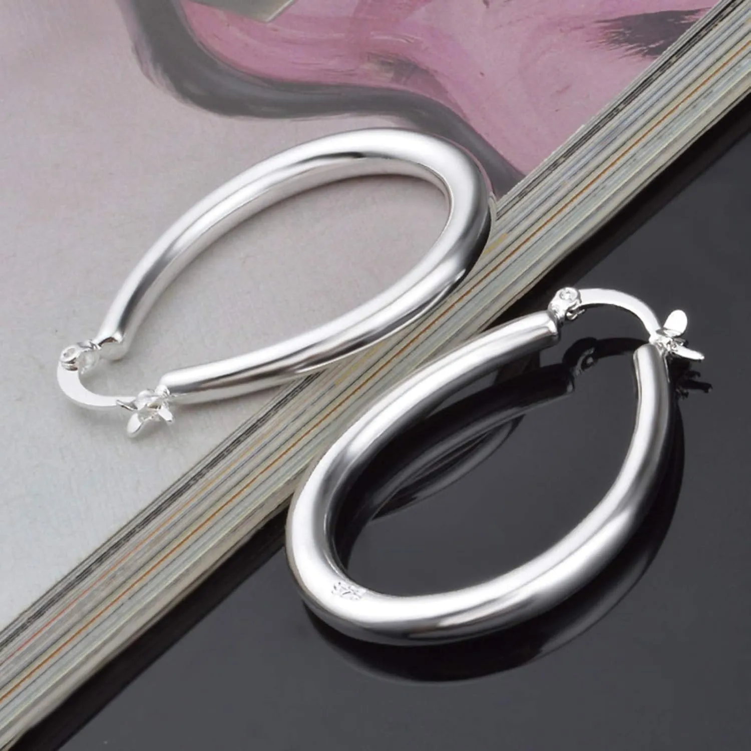 Earring Hoop Stud Drop & Dangle, Silver Plated Big Hollow Oval Hoop Earring Fashion Women Party Banquet Jewelry for Women Teen Girls Birthday Christmas Friends Gift