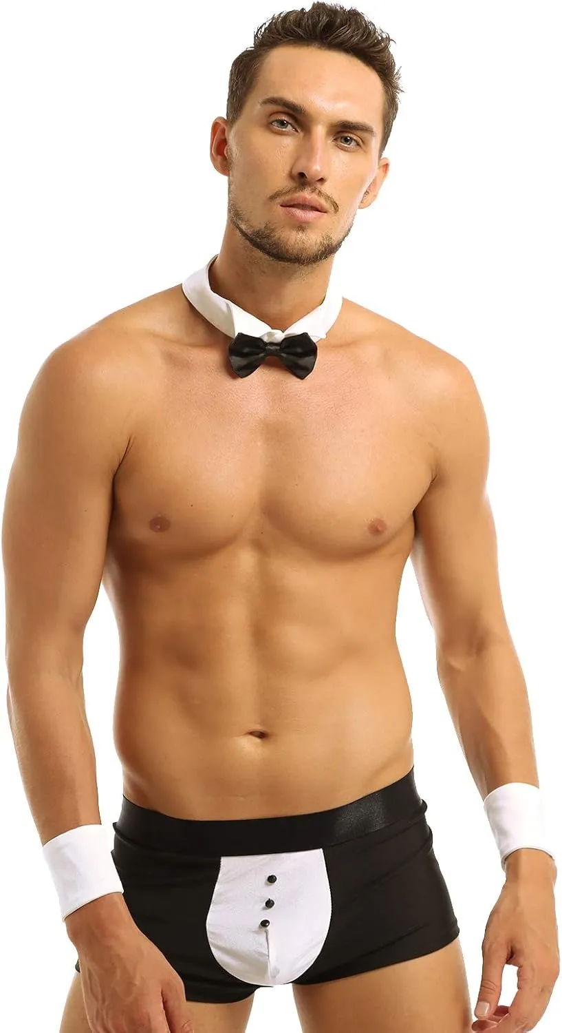 easyforever 3Pcs Mens Waiter Lingerie Set Tuxedo G-String Thong Briefs Underwear Suit for Cosplay