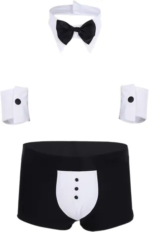 easyforever 3Pcs Mens Waiter Lingerie Set Tuxedo G-String Thong Briefs Underwear Suit for Cosplay